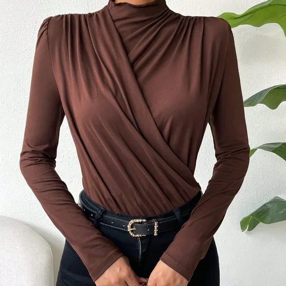 Brown Casual Womens Solid Ruched Mock Neck Tee - Picture 2 of 6